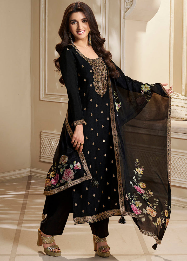 Charcoal Black Dola Silk Suit Featuring Designer Yoke & Embellished with Zardosi work