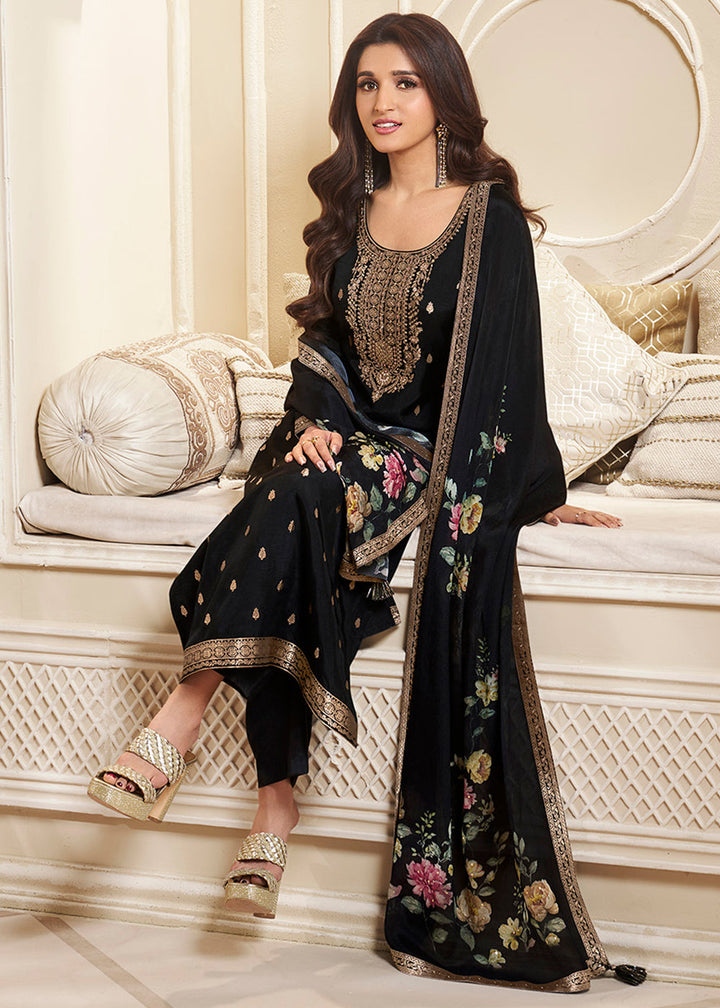 Charcoal Black Dola Silk Suit Featuring Designer Yoke & Embellished with Zardosi work