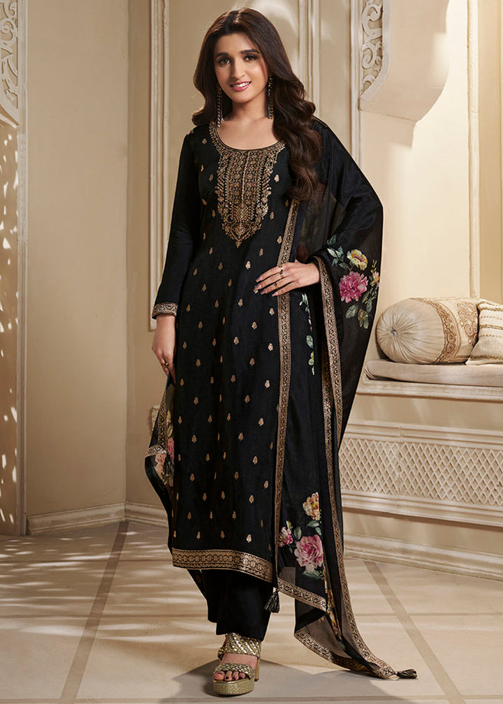 Charcoal Black Dola Silk Suit Featuring Designer Yoke & Embellished with Zardosi work