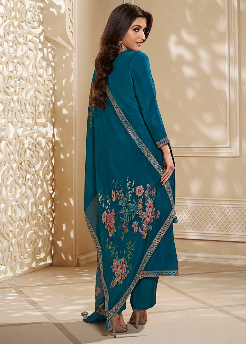 Cobalt Blue Dola Silk Suit Featuring Designer Yoke & Embellished with Zardosi Work