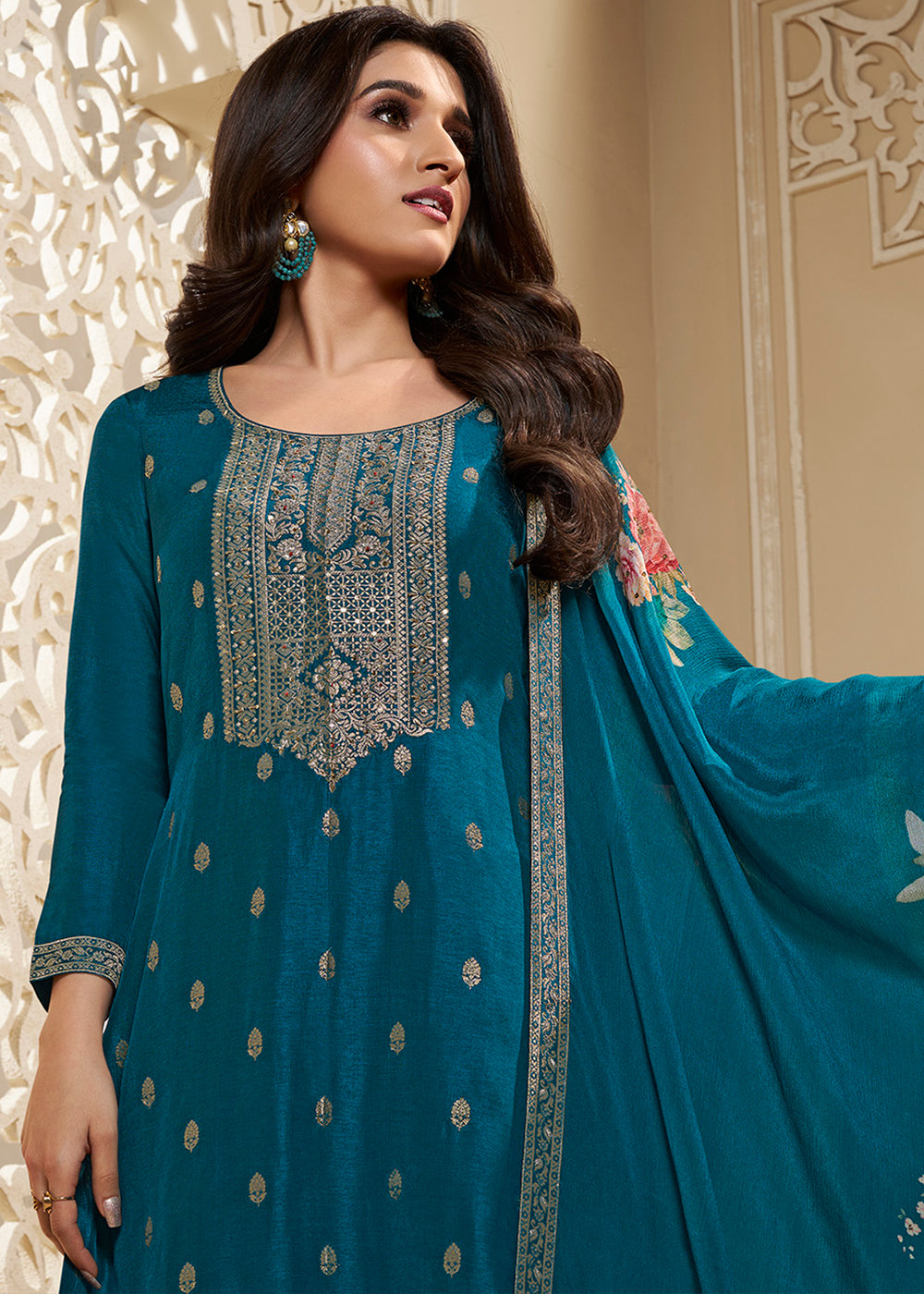 Cobalt Blue Dola Silk Suit Featuring Designer Yoke & Embellished with Zardosi Work