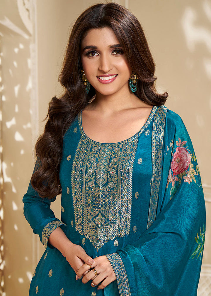 Cobalt Blue Dola Silk Suit Featuring Designer Yoke & Embellished with Zardosi Work