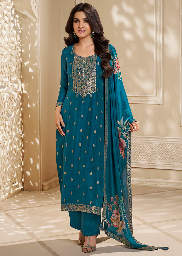 Cobalt Blue Dola Silk Suit Featuring Designer Yoke & Embellished with Zardosi Work