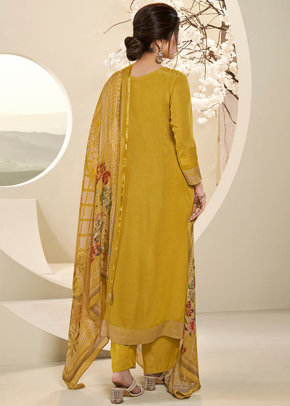 Amber Yellow Muslin Jacquard Suit Featuring Designer Yoke & Thread Weaving Work