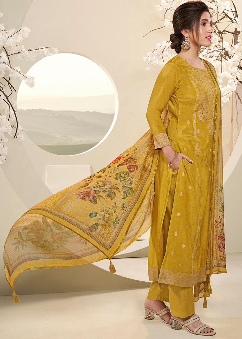 Amber Yellow Muslin Jacquard Suit Featuring Designer Yoke & Thread Weaving Work