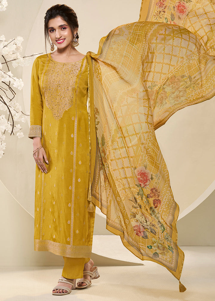 Amber Yellow Muslin Jacquard Suit Featuring Designer Yoke & Thread Weaving Work