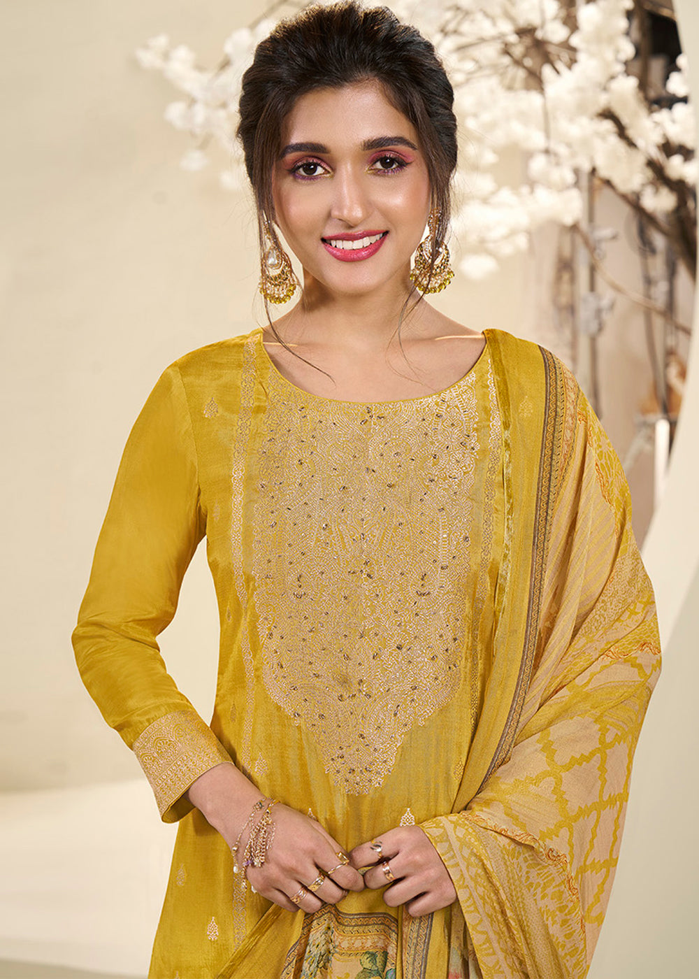 Amber Yellow Muslin Jacquard Suit Featuring Designer Yoke & Thread Weaving Work