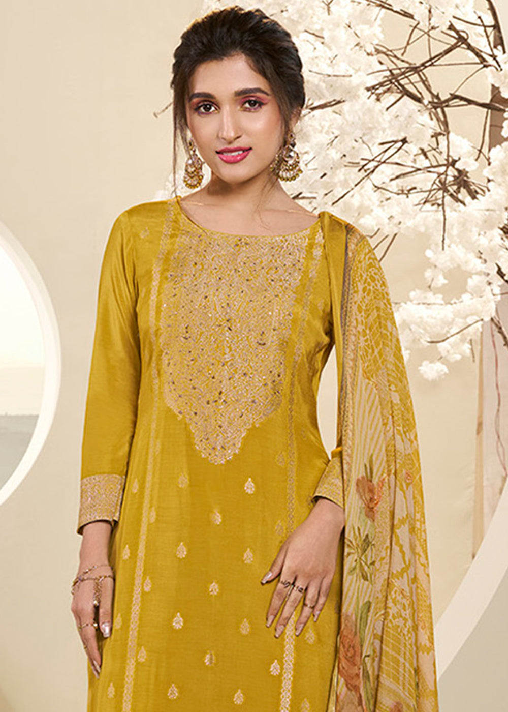 Amber Yellow Muslin Jacquard Suit Featuring Designer Yoke & Thread Weaving Work