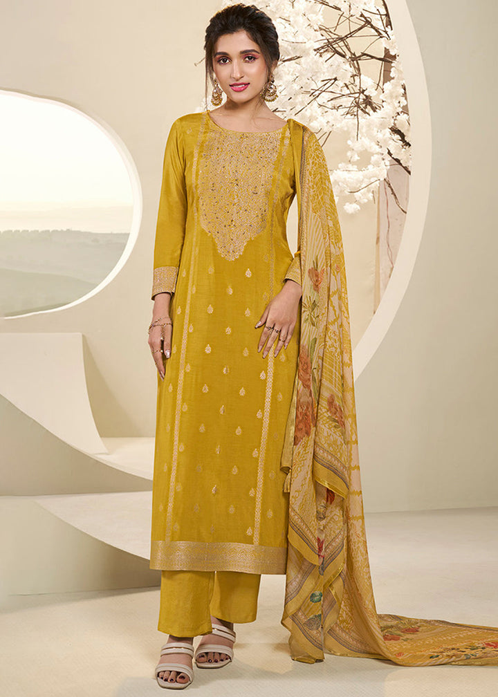 Amber Yellow Muslin Jacquard Suit Featuring Designer Yoke & Thread Weaving Work