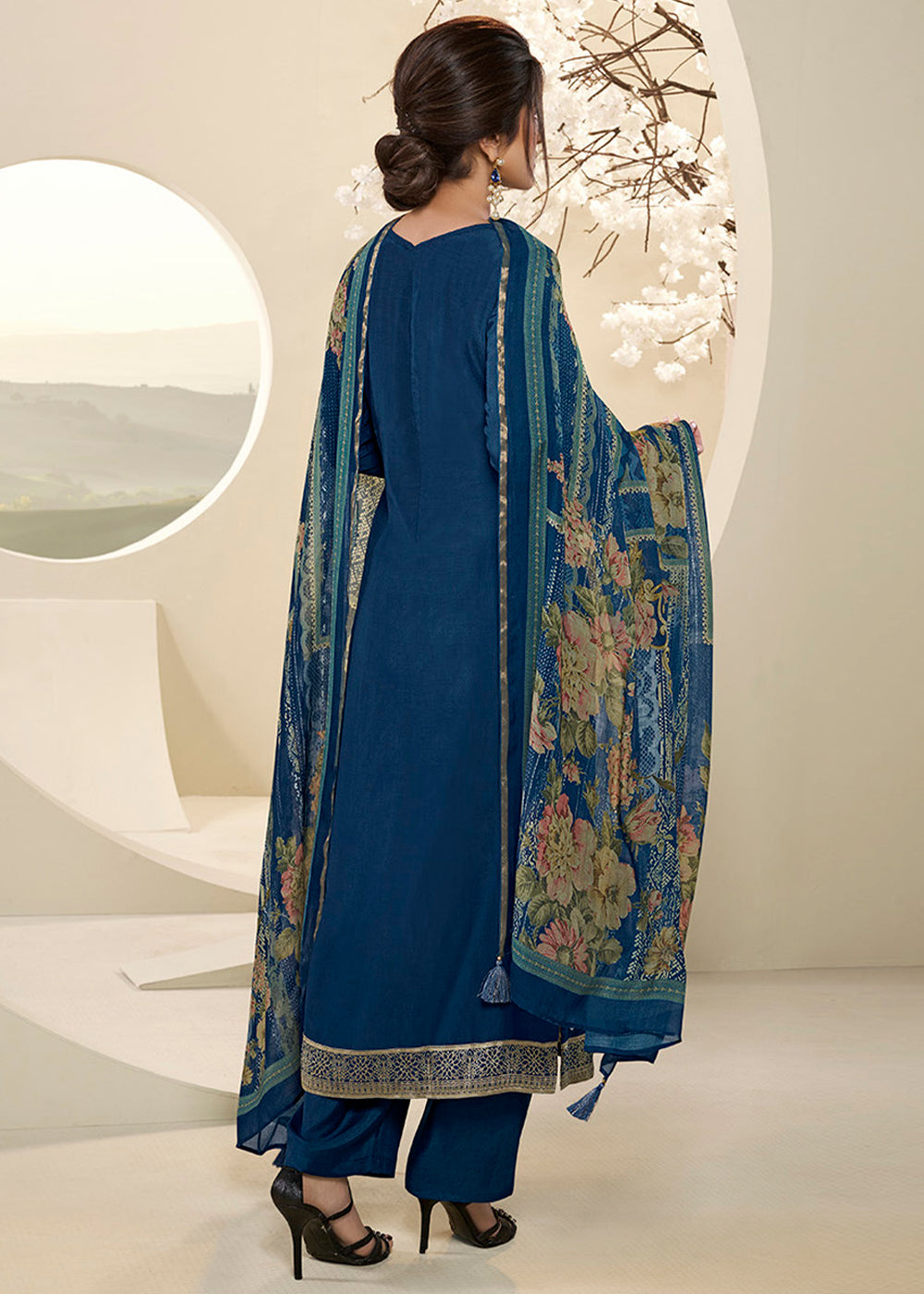 Resolution Blue Muslin Jacquard Suit Featuring Designer Yoke & Thread Weaving work