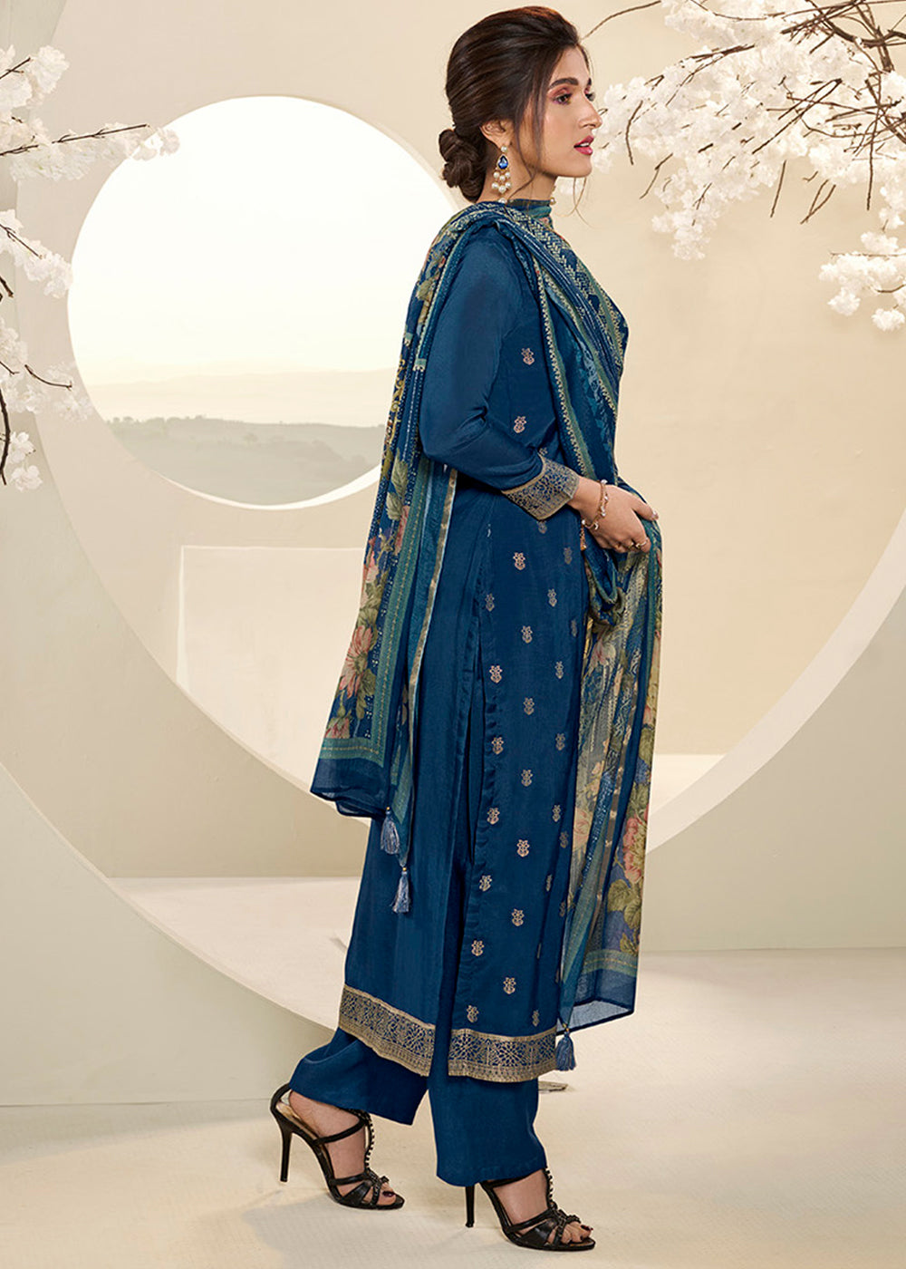 Resolution Blue Muslin Jacquard Suit Featuring Designer Yoke & Thread Weaving work