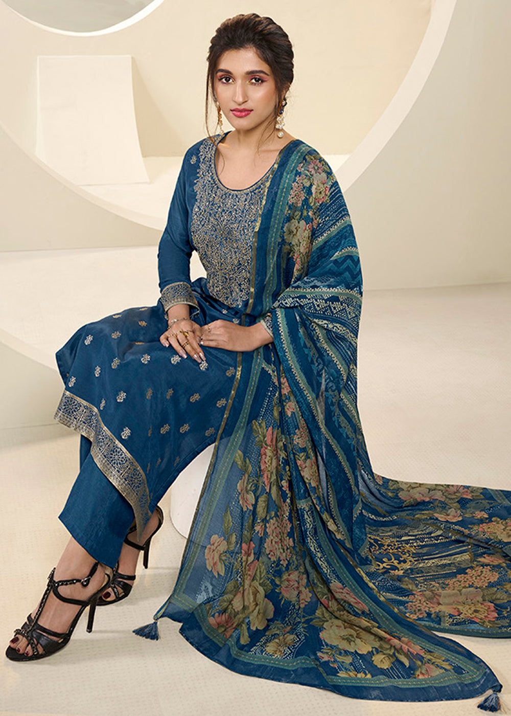 Resolution Blue Muslin Jacquard Suit Featuring Designer Yoke & Thread Weaving work