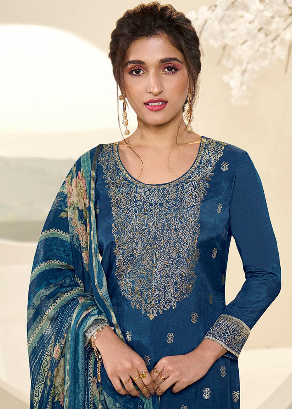 Resolution Blue Muslin Jacquard Suit Featuring Designer Yoke & Thread Weaving work