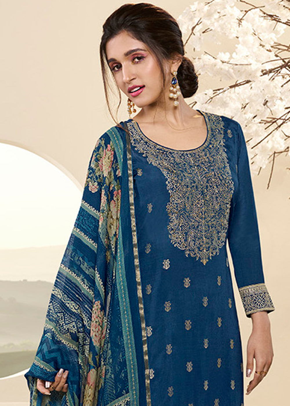 Resolution Blue Muslin Jacquard Suit Featuring Designer Yoke & Thread Weaving work