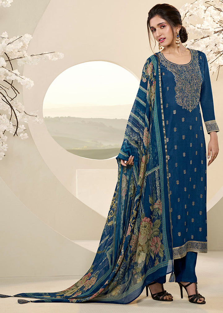 Resolution Blue Muslin Jacquard Suit Featuring Designer Yoke & Thread Weaving work