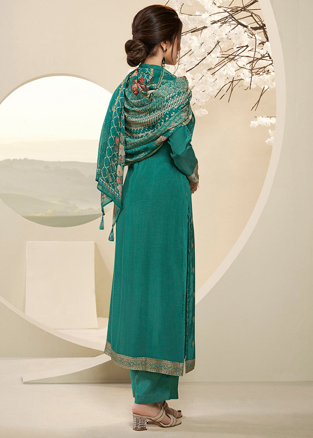 Jade Green Muslin Jacquard Suit Featuring Designer Yoke & Thread Weaving work