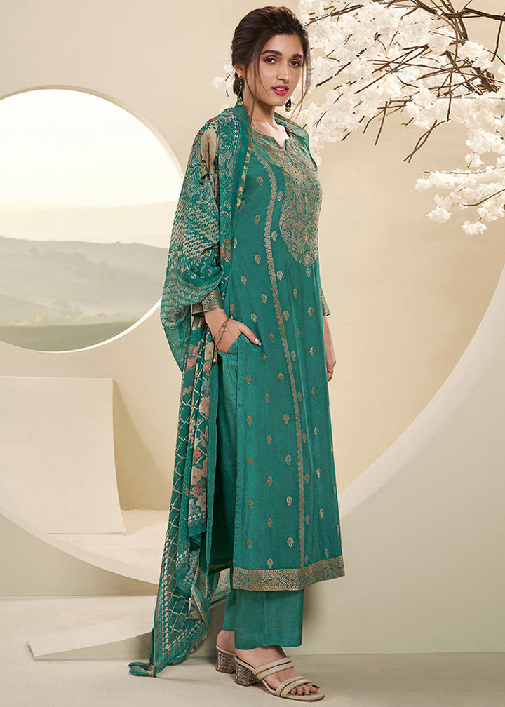 Jade Green Muslin Jacquard Suit Featuring Designer Yoke & Thread Weaving work