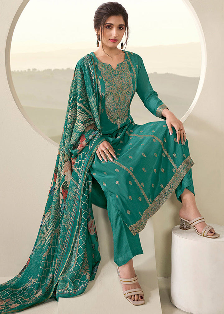 Jade Green Muslin Jacquard Suit Featuring Designer Yoke & Thread Weaving work