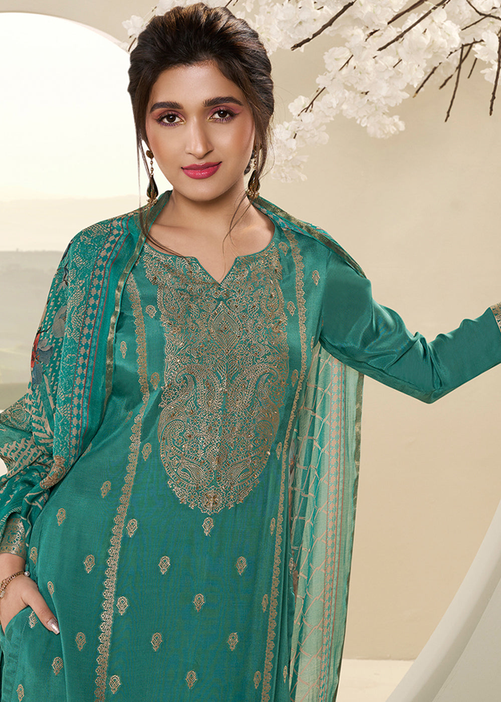 Jade Green Muslin Jacquard Suit Featuring Designer Yoke & Thread Weaving work