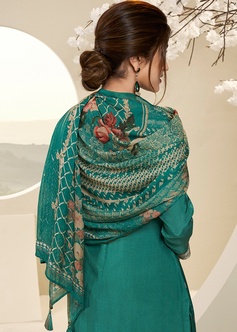 Jade Green Muslin Jacquard Suit Featuring Designer Yoke & Thread Weaving work