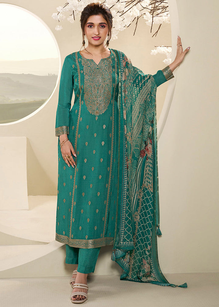 Jade Green Muslin Jacquard Suit Featuring Designer Yoke & Thread Weaving work