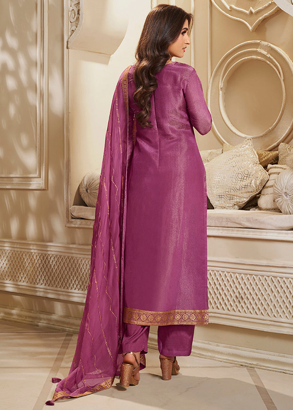 Shades Of Purple Tissue Silk Suit Featuring Designer Panel & Thread Weaving Work