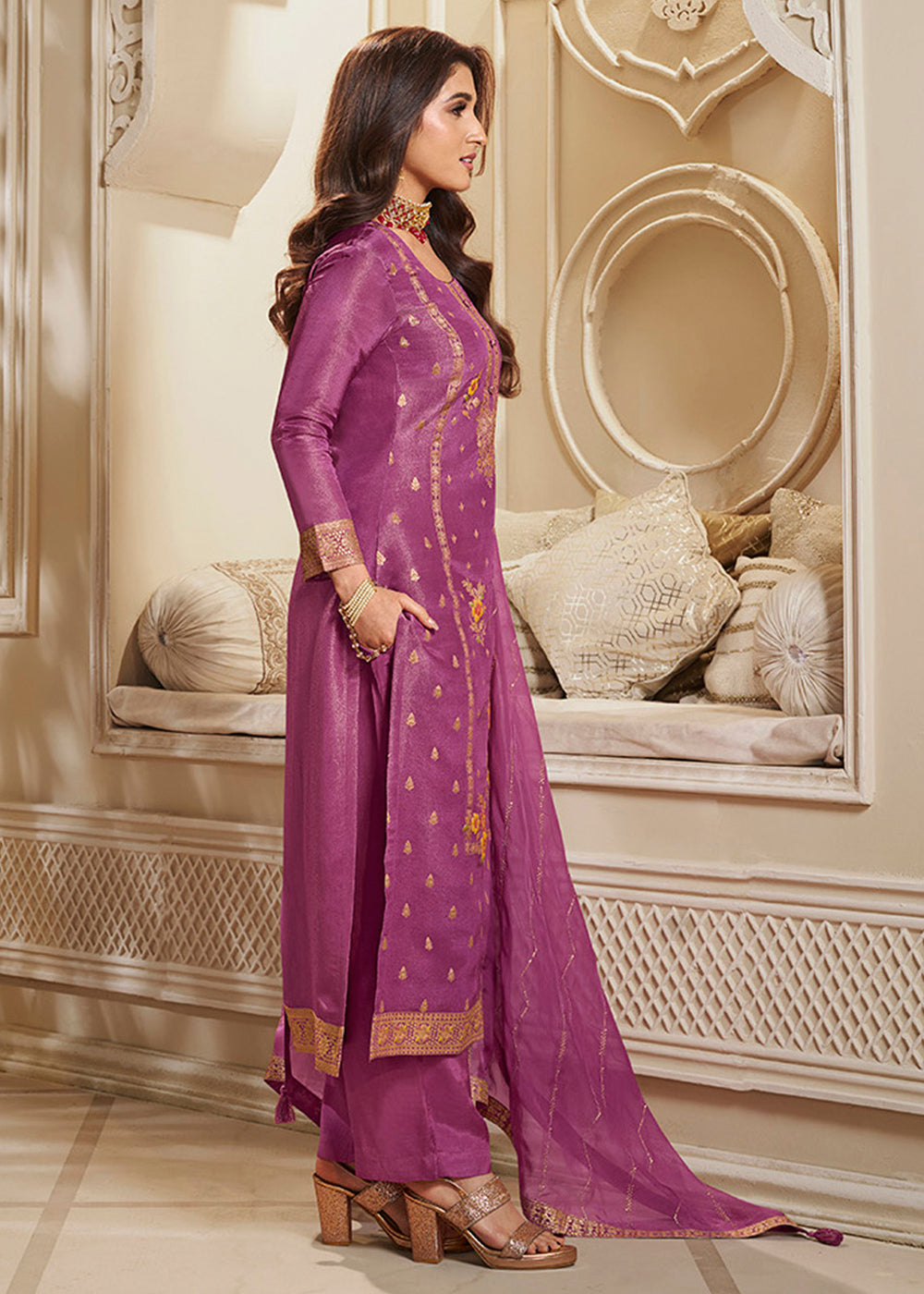 Shades Of Purple Tissue Silk Suit Featuring Designer Panel & Thread Weaving Work