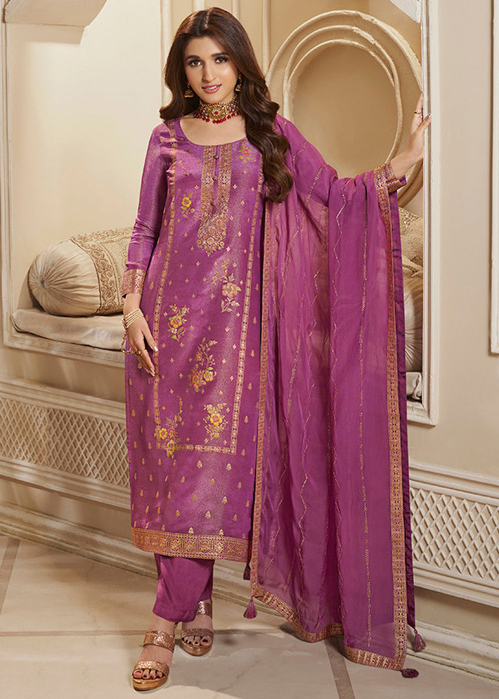 Shades Of Purple Tissue Silk Suit Featuring Designer Panel & Thread Weaving Work