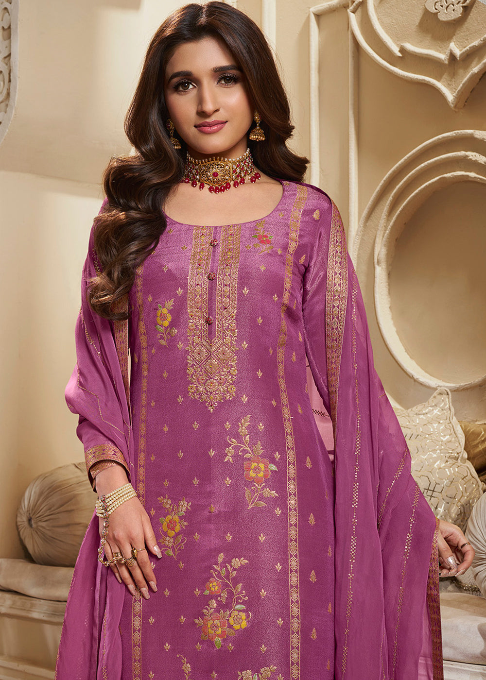 Shades Of Purple Tissue Silk Suit Featuring Designer Panel & Thread Weaving Work