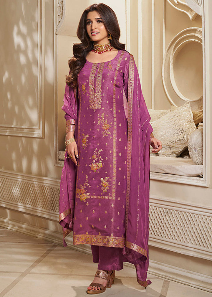 Shades Of Purple Tissue Silk Suit Featuring Designer Panel & Thread Weaving Work