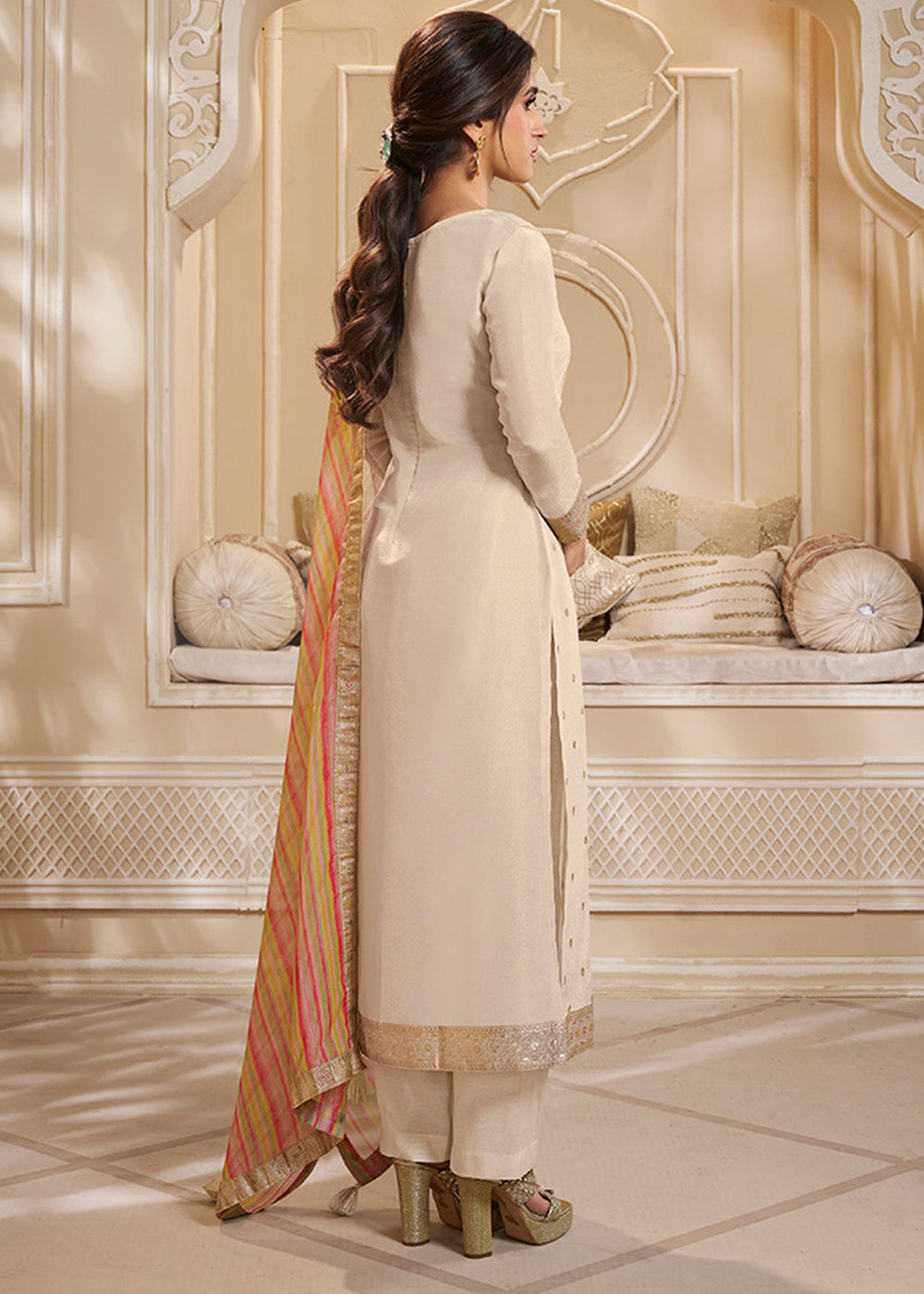 Cream White Tissue Silk Suit Featuring Designer Panel & Thread Weaving Work