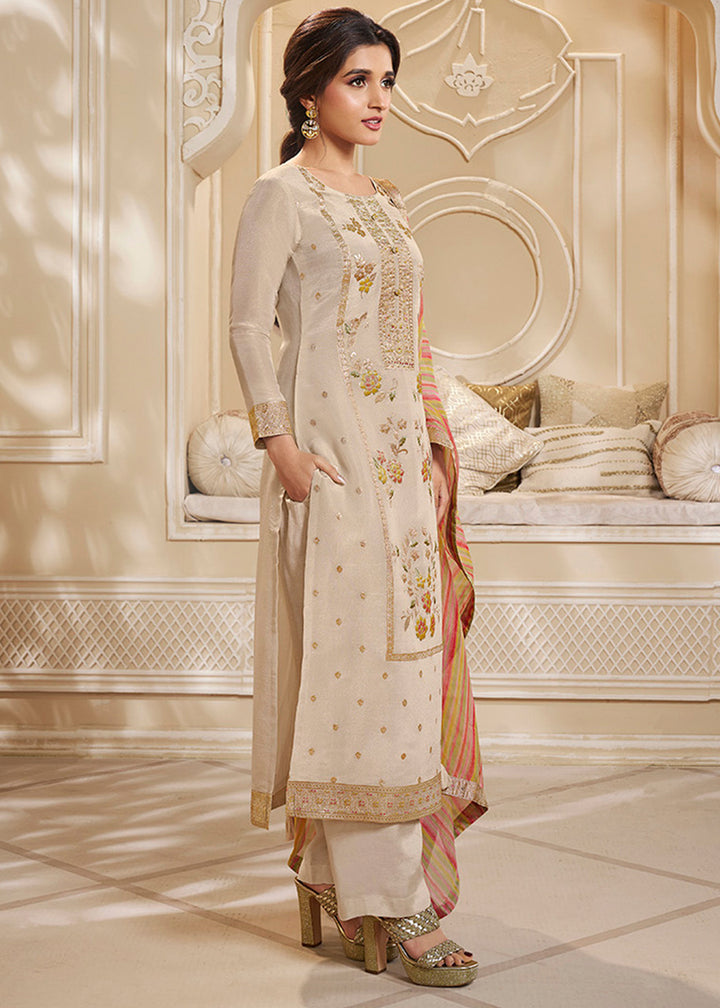 Cream White Tissue Silk Suit Featuring Designer Panel & Thread Weaving Work