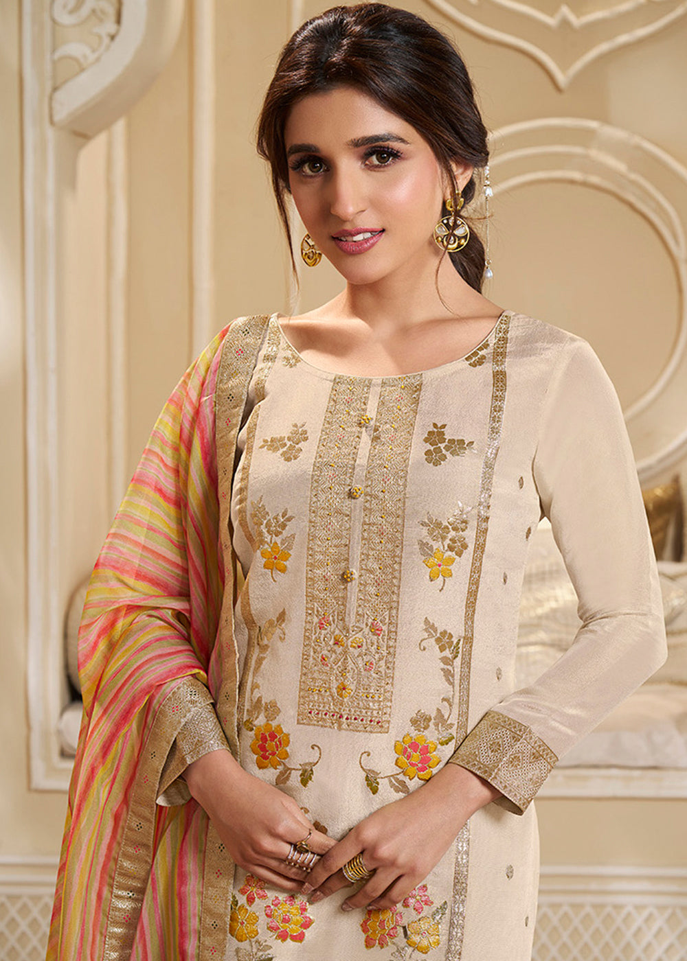 Cream White Tissue Silk Suit Featuring Designer Panel & Thread Weaving Work