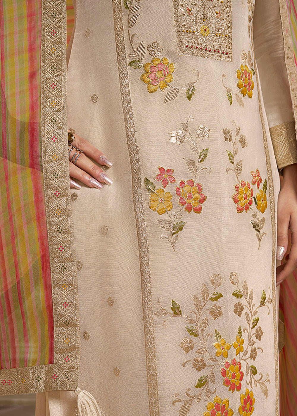 Cream White Tissue Silk Suit Featuring Designer Panel & Thread Weaving Work