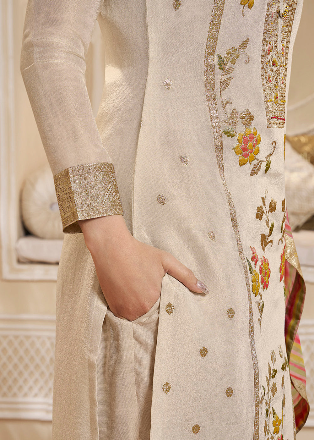 Cream White Tissue Silk Suit Featuring Designer Panel & Thread Weaving Work