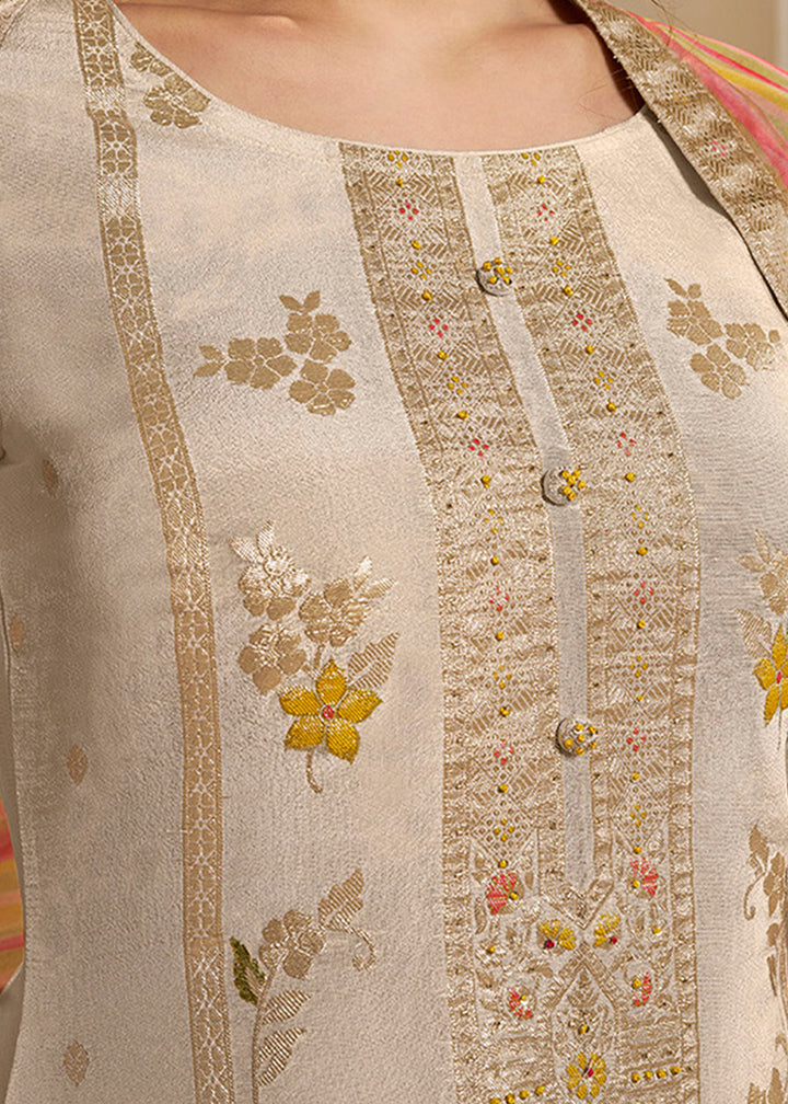 Cream White Tissue Silk Suit Featuring Designer Panel & Thread Weaving Work