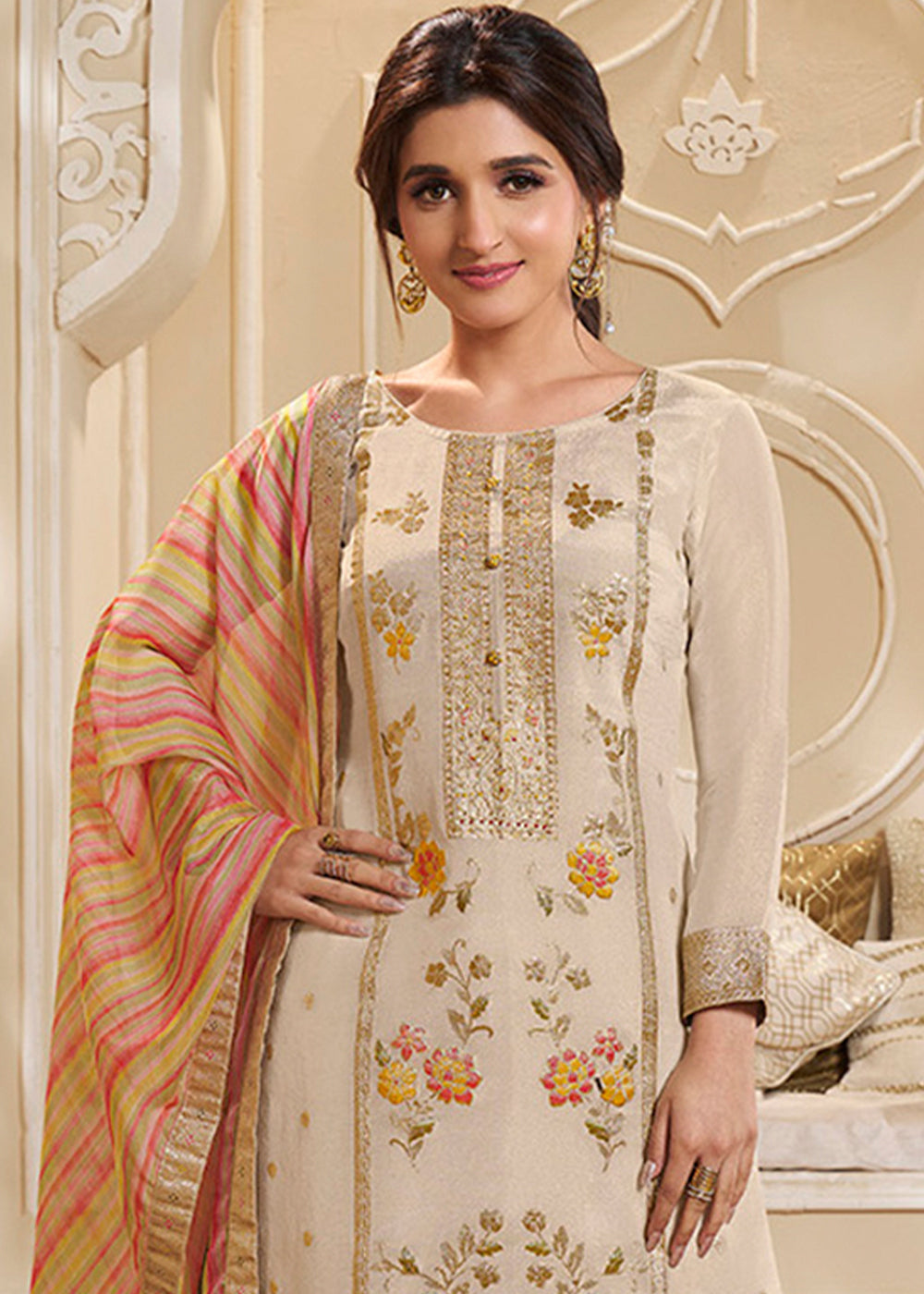 Cream White Tissue Silk Suit Featuring Designer Panel & Thread Weaving Work