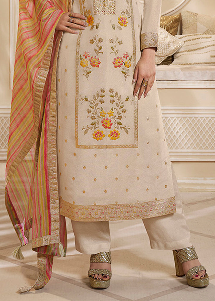 Cream White Tissue Silk Suit Featuring Designer Panel & Thread Weaving Work