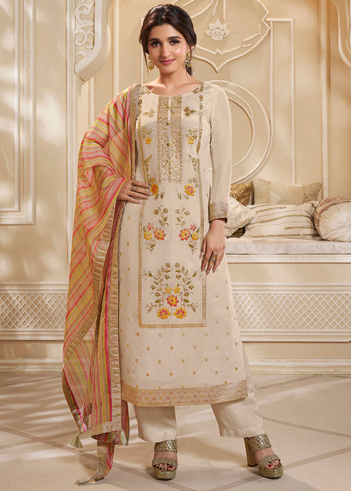 Cream White Tissue Silk Suit Featuring Designer Panel & Thread Weaving Work