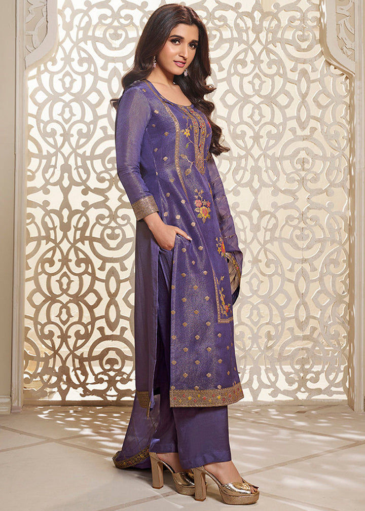 Royal Purple Tissue Silk Suit Featuring Designer Panel & Thread Weaving Work