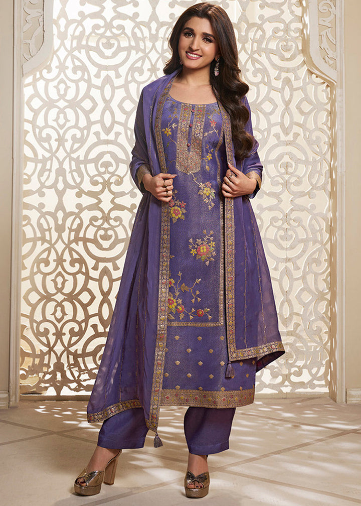 Royal Purple Tissue Silk Suit Featuring Designer Panel & Thread Weaving Work