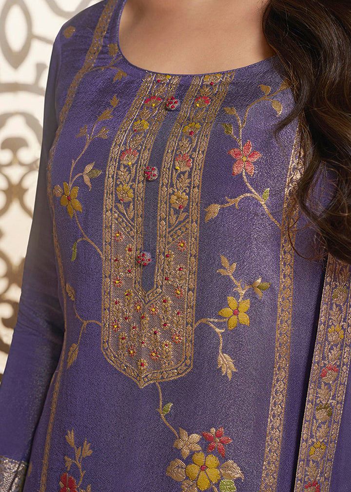 Royal Purple Tissue Silk Suit Featuring Designer Panel & Thread Weaving Work