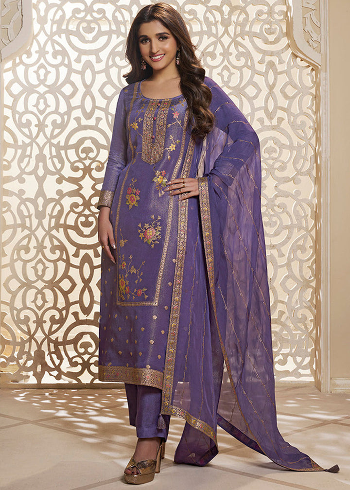 Royal Purple Tissue Silk Suit Featuring Designer Panel & Thread Weaving Work