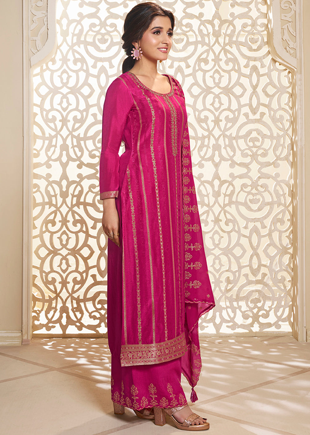 Hot Pink Dola Silk Suit Adorned with Zari and Self Jacquard Weave