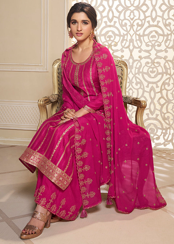 Hot Pink Dola Silk Suit Adorned with Zari and Self Jacquard Weave