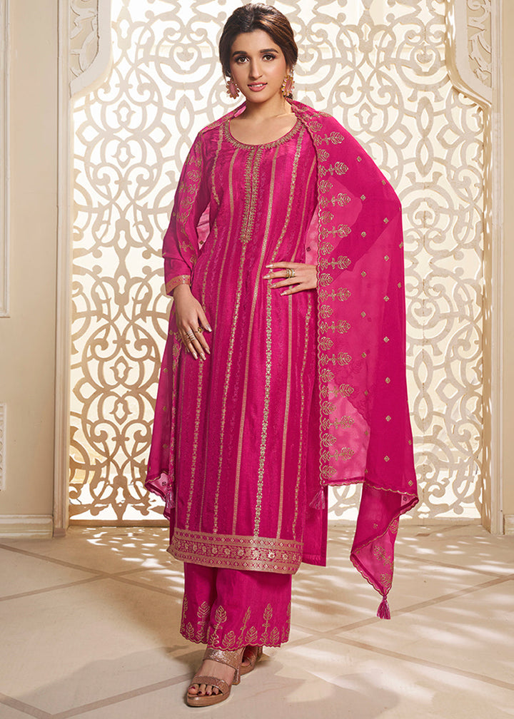 Hot Pink Dola Silk Suit Adorned with Zari and Self Jacquard Weave