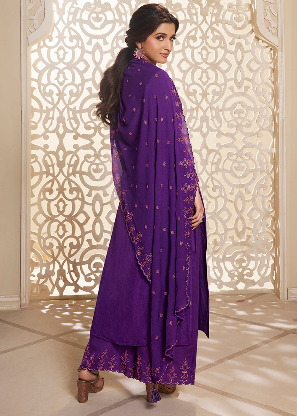 Grape Purple Dola Silk Suit Adorned with Zari and Self Jacquard Weave