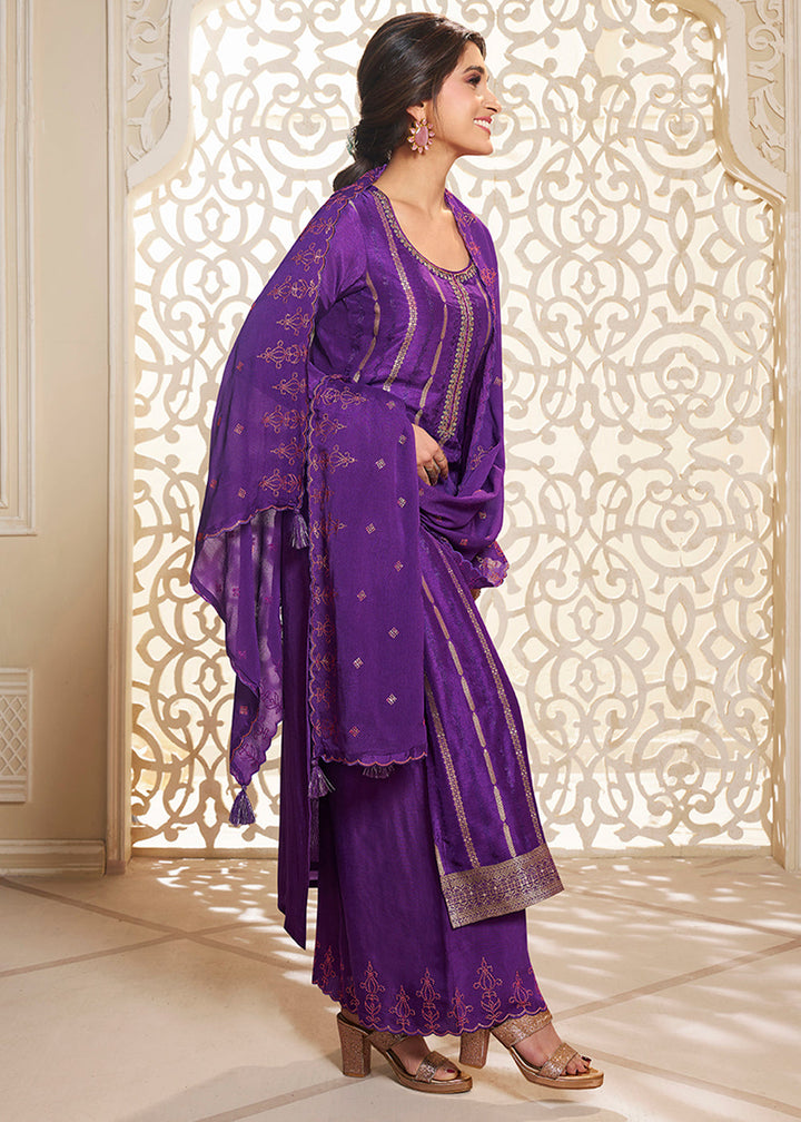 Grape Purple Dola Silk Suit Adorned with Zari and Self Jacquard Weave