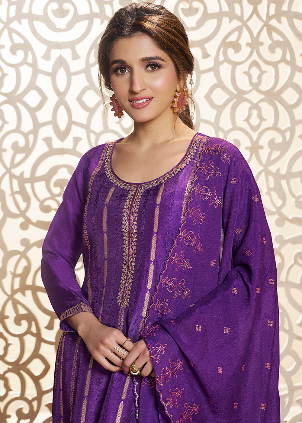 Grape Purple Dola Silk Suit Adorned with Zari and Self Jacquard Weave