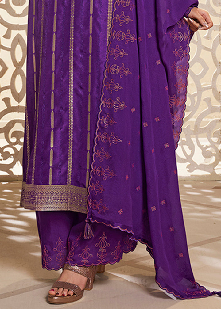 Grape Purple Dola Silk Suit Adorned with Zari and Self Jacquard Weave